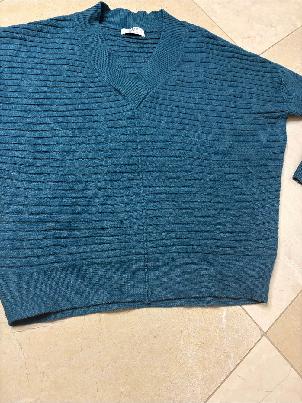 ⭐️ Suzy Shier Teal V-Neck Oversized Drop Stitch Ribbed Sweater - size Small - Picture 9 of 10